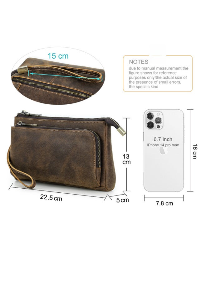 Crazy Horse Leather Men's Clutch Handmade Large Capacity Portable Zipper Multi-functional Mobile Phone Accessories Storage Bag - Image 4