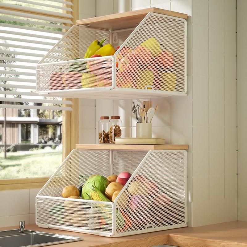 Litwaro Stackable Kitchen Fruit Basket, Space-Saving, Wall-Mounted Wire Basket with Wooden Lid, Extra Storage, 2 Pieces, Kitchen Counter Organizer for Snacks, Onions and Potatoes, White - Image 1