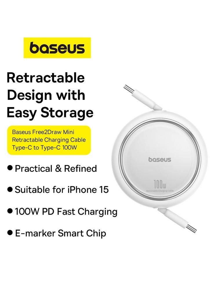بيسوس كابل بيانات Baseus 100W Free2 Draw Mini قابل للسحب من النوع C إلى النوع C للشحن السريع بطول 1 متر - أبيض - Image 5