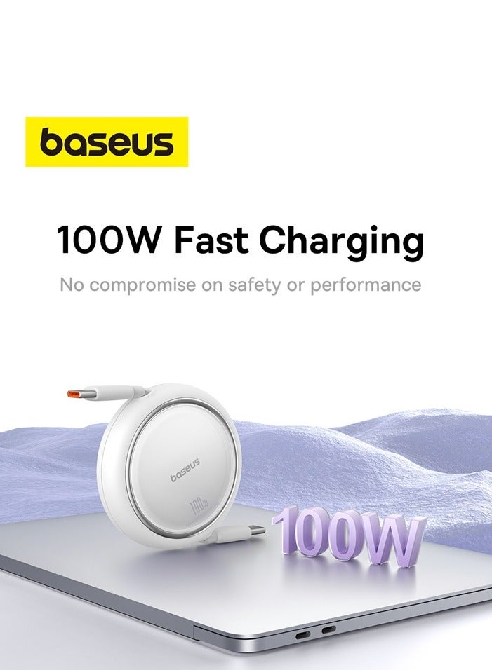بيسوس كابل بيانات Baseus 100W Free2 Draw Mini قابل للسحب من النوع C إلى النوع C للشحن السريع بطول 1 متر - أبيض - Image 4