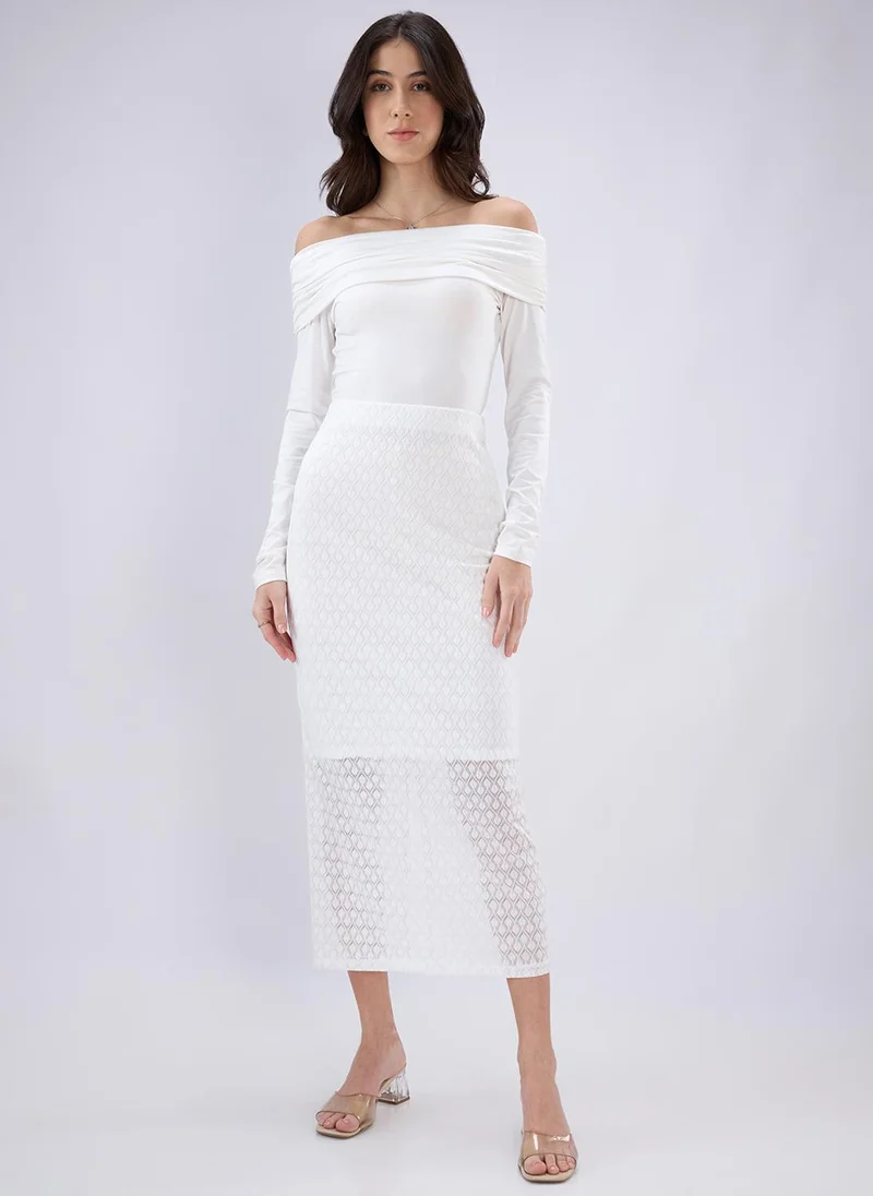 جلو باص Globus Women's White Casual Midi Skirt with Lace Self Design and Back Slit