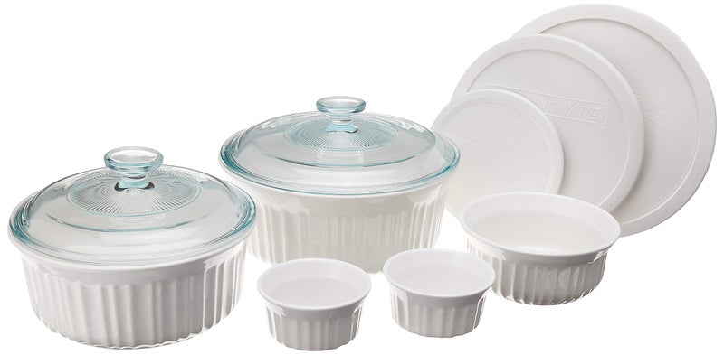 CorningWare Ceramic Bakeware Set with Lids Chip and Crack Resistant Stoneware Baking Dish Microwave Dishwasher Oven Freezer and Fridge Safe 10Piece French White
