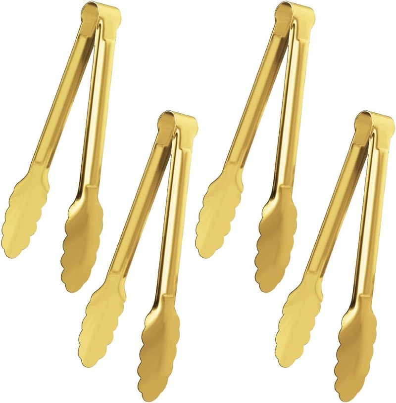 XEVOM 4 Pack Gold Serving Tongs Buffet Tongs Serving Utensils Salad Tongs Stainless Steel Gold Plated Buffet Serving Tongs,9 Inch - Image 1