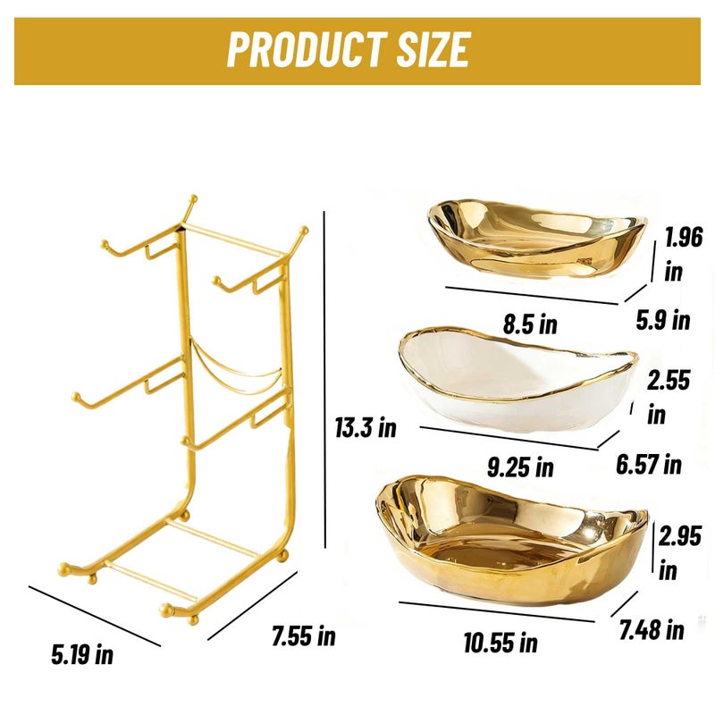 jessie 3 Tier Fruit Bowls for Kitchen Counter,Ceramic Large Fruit Basket Stand,Metal Fruit Serving Tray Snacks Nuts Cake Storage Holder (Gold 2) - Image 3