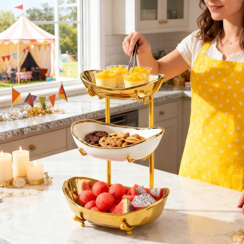 jessie 3 Tier Fruit Bowls for Kitchen Counter,Ceramic Large Fruit Basket Stand,Metal Fruit Serving Tray Snacks Nuts Cake Storage Holder (Gold 2) - Image 5