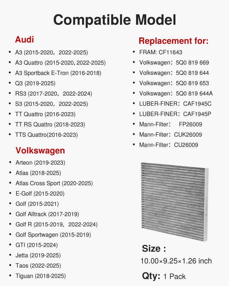 Puroma Cabin Air Filter with Activated Carbon, Replacement for CF11643, Compatible with Audi A3/Q3/S3/TT Quattro, Atlas, GTI, Golf, Jetta, Tiguan - Image 2