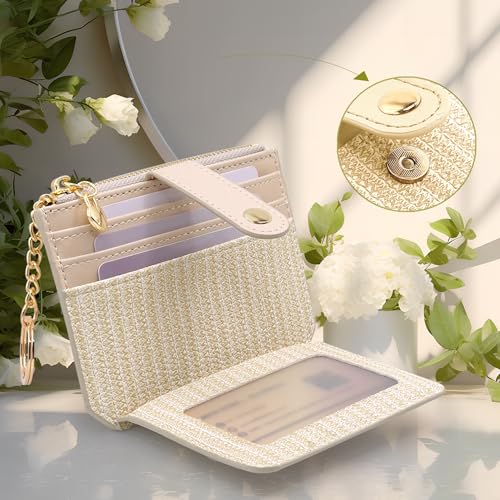 M-Plateau Slim Card Wallet with Keychain, Women's Small Bifold ID Holder with Zipper Pocket, Indigo (Off-White) - Image 4