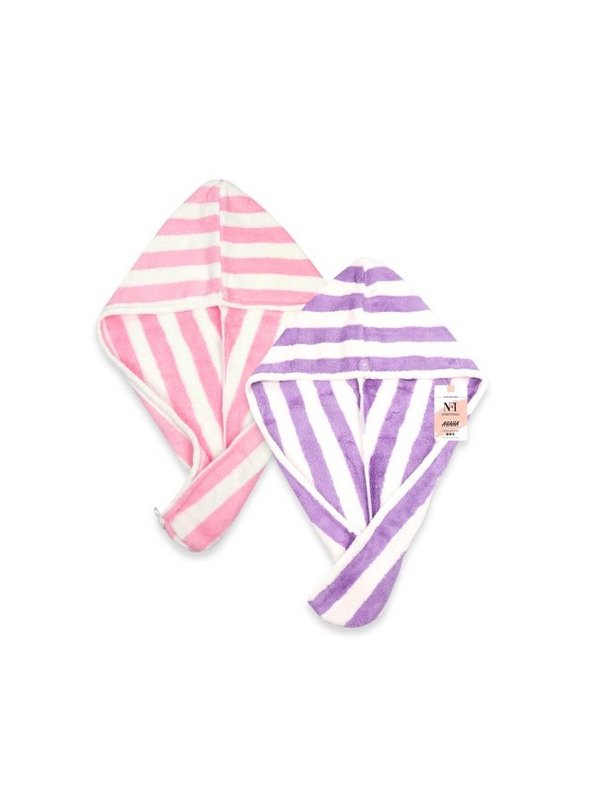 NFI essentials NFI essentials Pack of 2 - Warp Absorbent Hair Drying Microfiber Head Towel, Super Absorbent Towel Cap Salon Towel Quick Dry Shower Hair Towel Wrap with Button for Women (TOW-1-Purple & Pink)  - Image 1