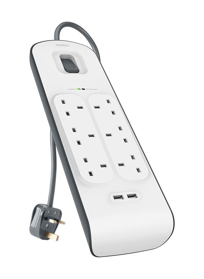 belkin 6 Way/6 Plug Surge Protection Strip With 2 Meters Cord Length - Heavy Duty Electrical Extension Socket With 2 X 2.4 A Shared Usb Ports  - Image 2