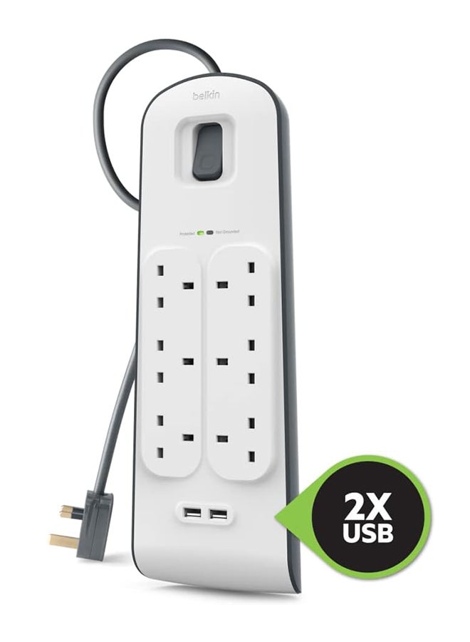 belkin 6 Way/6 Plug Surge Protection Strip With 2 Meters Cord Length - Heavy Duty Electrical Extension Socket With 2 X 2.4 A Shared Usb Ports  - Image 4