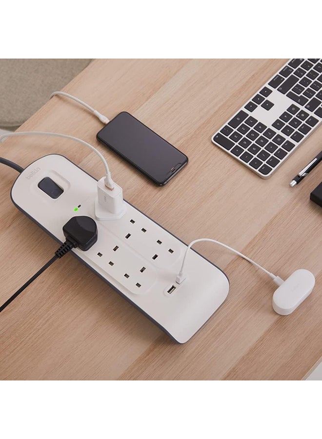 belkin 6 Way/6 Plug Surge Protection Strip With 2 Meters Cord Length - Heavy Duty Electrical Extension Socket With 2 X 2.4 A Shared Usb Ports  - Image 3