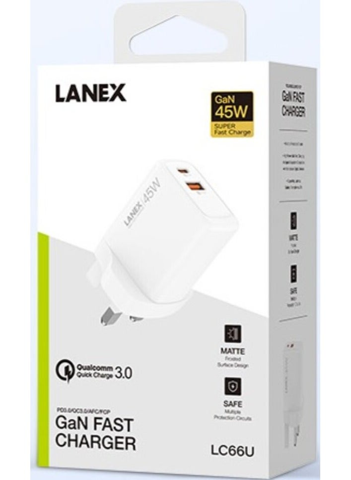 Lanex LC66U 45W Dual USB Type-C Wall Charger with GAN Compatible with iPhone, Galaxy, Pixel, Samsung, Huawei, iPad, AirPods - Image 1