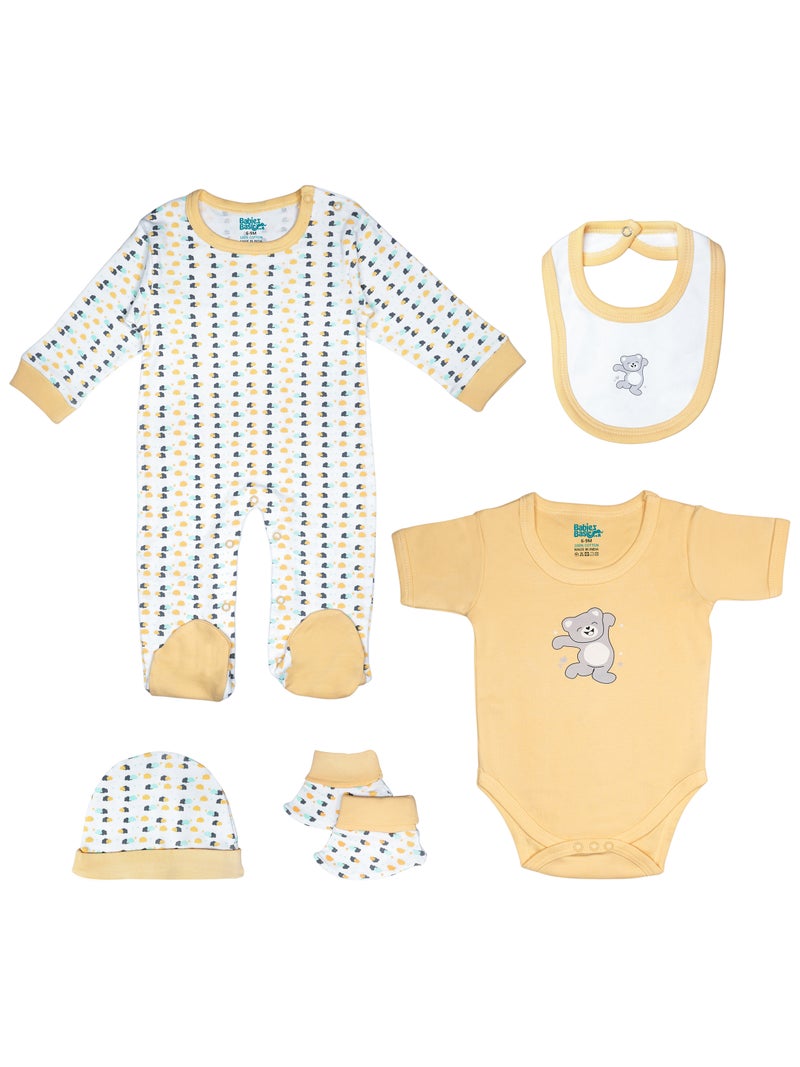 Babies Basic 5 piece Unisex 100% Cotton Sets include Bib, Romper, Mittens, Cap and Sleepsuit/Jumpsuit - Image 1