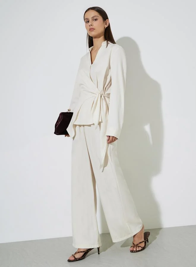Styli Beige Solid Wrap Tie Shirt and Wide Leg Pants Set