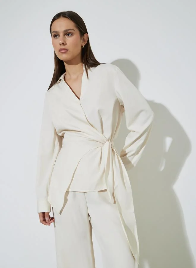 Styli Beige Solid Wrap Tie Shirt and Wide Leg Pants Set