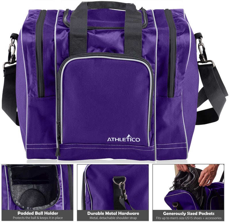 Athletico Bowling Bag for Single Ball - Single Ball Tote Bag With Padded Ball Holder - Fits a Single Pair of Bowling Shoes Up to Mens Size 14 (Purple) - Image 3
