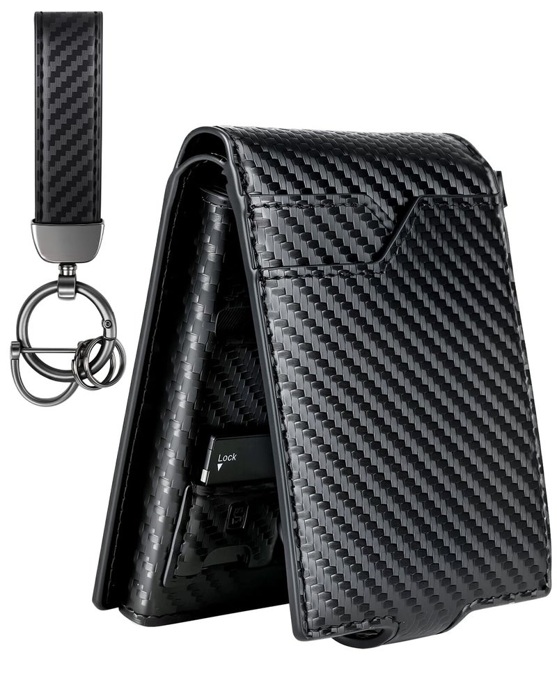 LIUGX Mens Wallet Set with Keychain, Slim Bifold Leather RFID Minimalist Wallet with Pop Up Card Holder, Holds 20 Cash Bills & 12 Cards, SD & Nano Sim Slots, Snap Closure, Carbon Fiber Black - Image 1