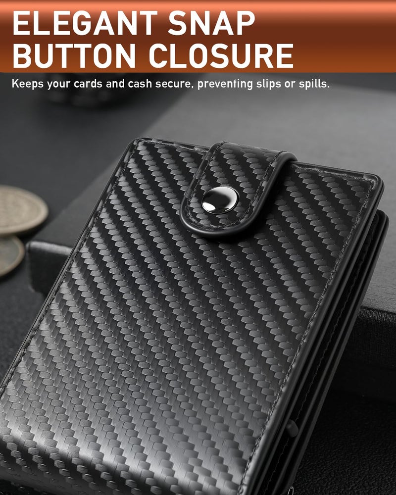 LIUGX Mens Wallet Set with Keychain, Slim Bifold Leather RFID Minimalist Wallet with Pop Up Card Holder, Holds 20 Cash Bills & 12 Cards, SD & Nano Sim Slots, Snap Closure, Carbon Fiber Black - Image 5