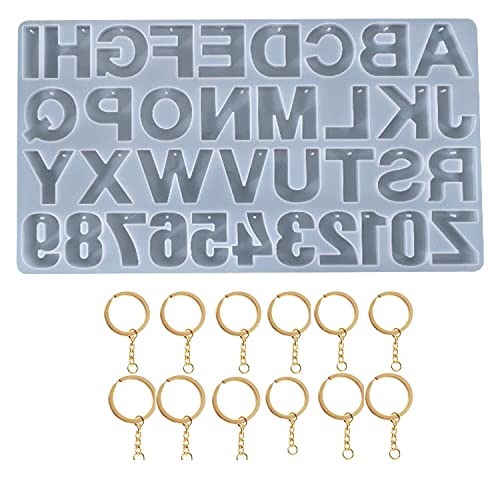 SNOOGG Alphabet Resin Casting Mold, DIY Key Chain, Pendant, Molds for Resin. with Built in Hole Enabler with 12 pc Gold Key Chain Ring - Image 1