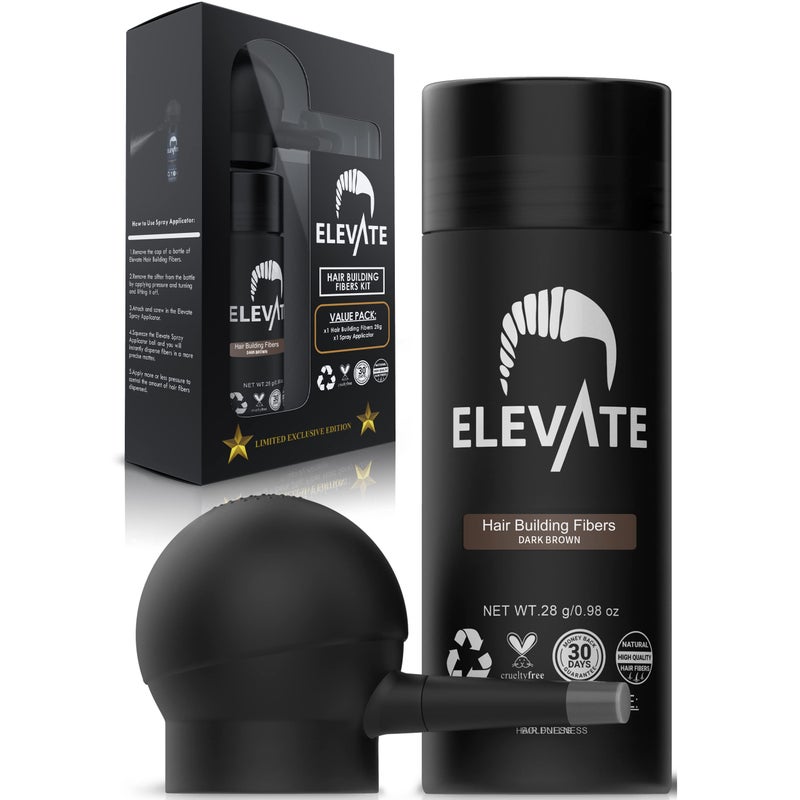 ELEVATE Hair Perfecting 2-in-1 Kit | Set Includes Natural Hair Thickening Fibers & Spray Applicator Pump Nozzle | Instantly Conceal & Thicken Thinning Balding Areas in Seconds Men & Women (Dark Brown) - Image 2