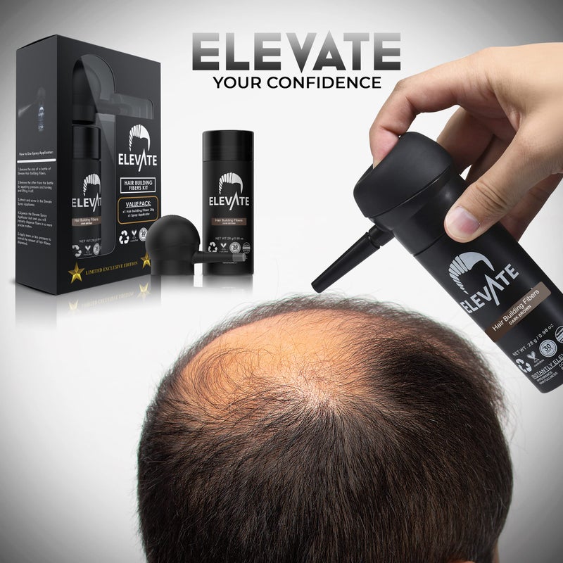 ELEVATE Hair Perfecting 2-in-1 Kit | Set Includes Natural Hair Thickening Fibers & Spray Applicator Pump Nozzle | Instantly Conceal & Thicken Thinning Balding Areas in Seconds Men & Women (Dark Brown) - Image 3