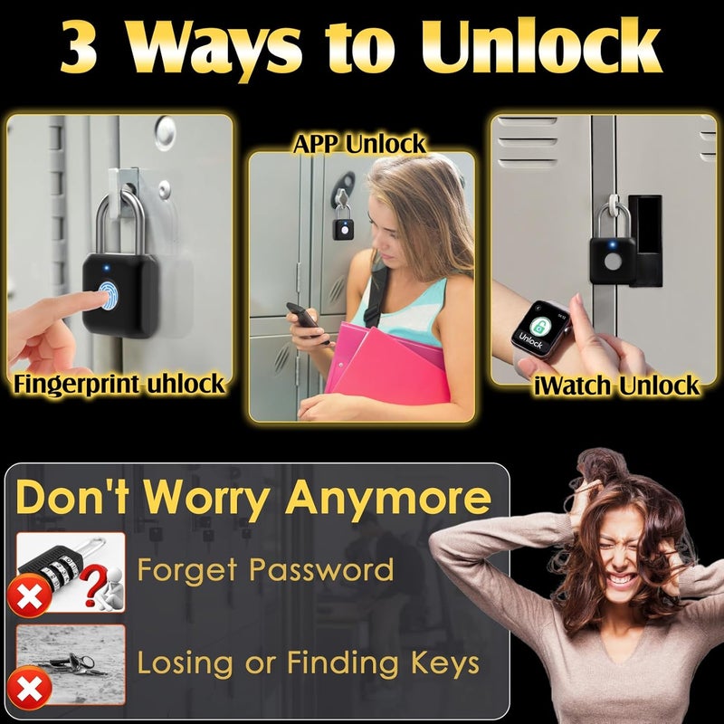 Pothunder Fingerprint Padlock, Smart Padlock, Locker Lock, Fingerprint Lock with APP Unlock, USB Rechargeable, Suitable for Gym Locker, Door(Black) - Image 2