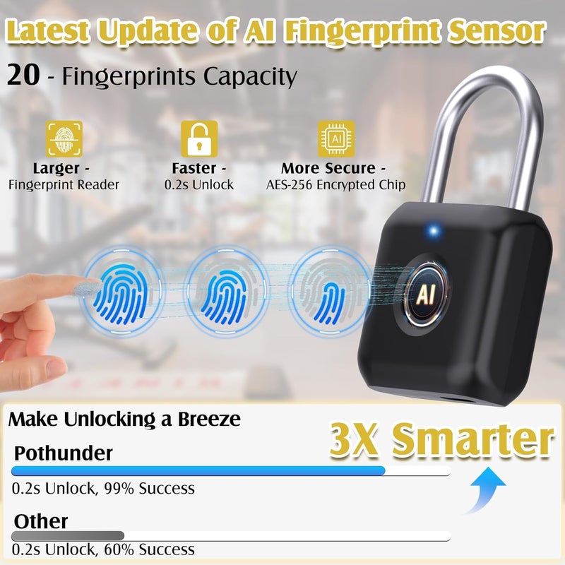 Pothunder Fingerprint Padlock, Smart Padlock, Locker Lock, Fingerprint Lock with APP Unlock, USB Rechargeable, Suitable for Gym Locker, Door(Black) - Image 3