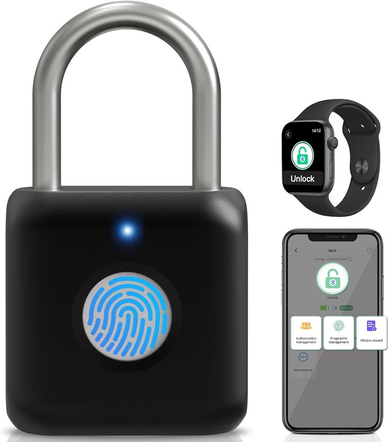 Pothunder Fingerprint Padlock, Smart Padlock, Locker Lock, Fingerprint Lock with APP Unlock, USB Rechargeable, Suitable for Gym Locker, Door(Black) - Image 1