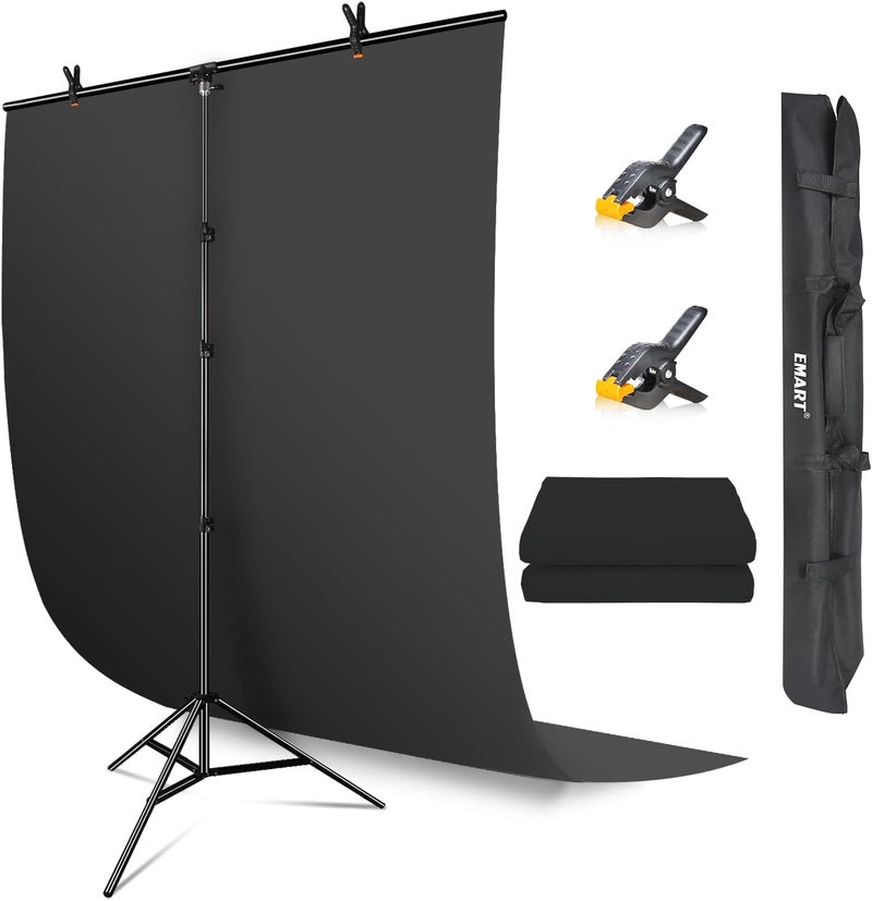 EMART Black Backdrop with Stand, 1.5x2.6m(5x8.5ft) Portable T-Shape Backdrop Support with 1.5x2m(5x7ft) Black Screen, Photography Studio Kit for Portraits Party Photo Video Studio Fliming - Image 1