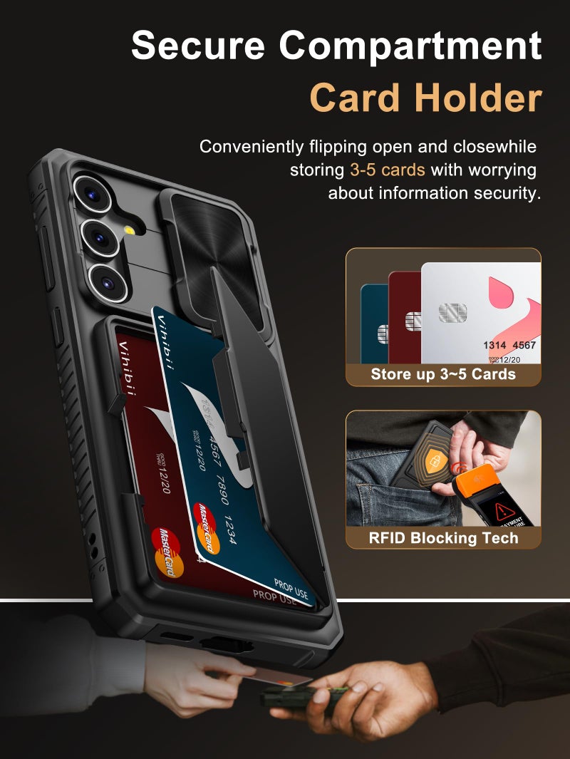 Vihibii for Samsung Galaxy S24 FE Back Cover Wallet with Card Holder (4 Cards) [RFID Blocking] & Slide Camera Cover, Military Grade Drop Protection, Hard Back & Raised Edge Phone Case 6.7" 2024, Black - Image 3