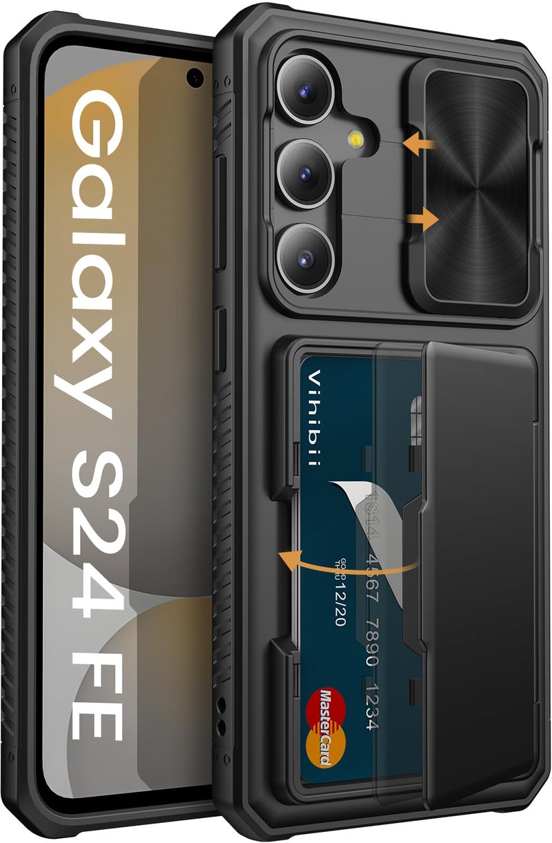 Vihibii for Samsung Galaxy S24 FE Back Cover Wallet with Card Holder (4 Cards) [RFID Blocking] & Slide Camera Cover, Military Grade Drop Protection, Hard Back & Raised Edge Phone Case 6.7" 2024, Black - Image 1