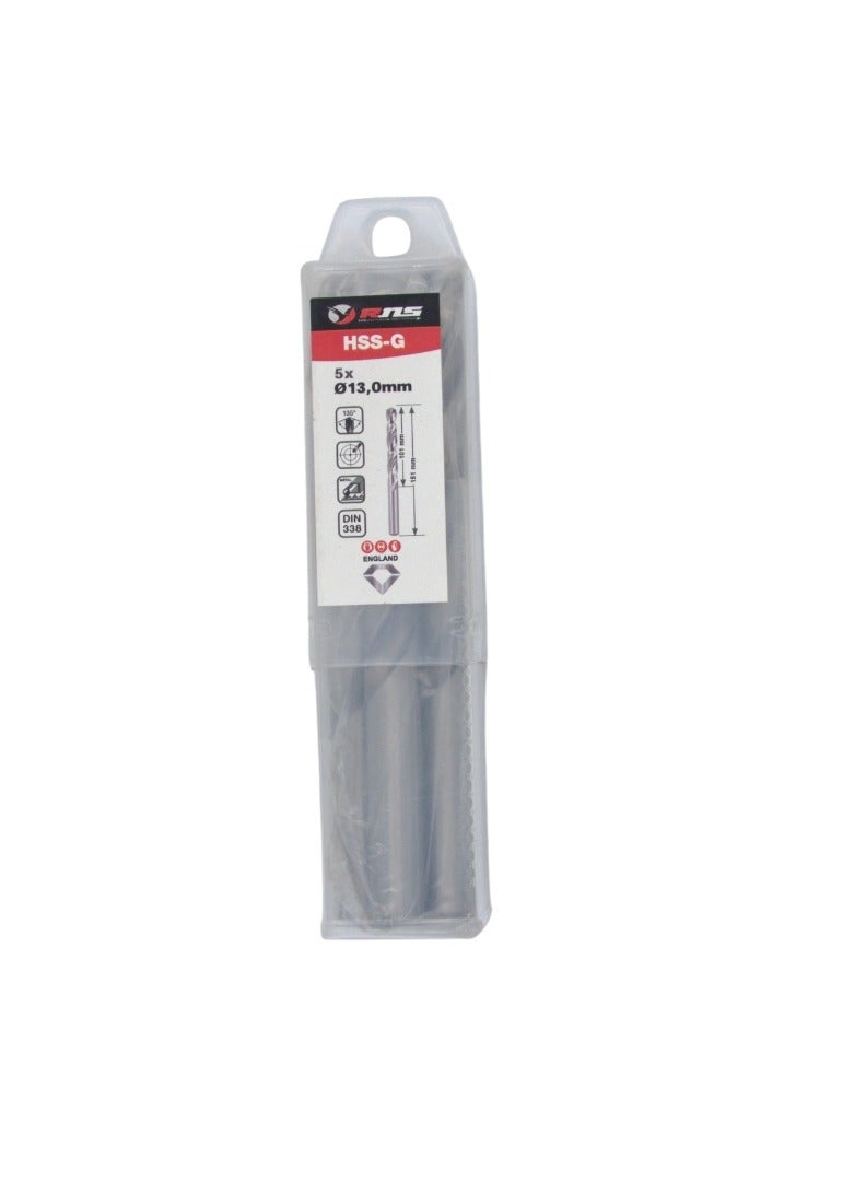 RNS HSS-G TWIST DRILL BIT 13.00 MM RNS, Pack of 5 Ground Flute High Speed Steel Drill Bit for Mild Steel, Alloy Steel and Workshop Use - Image 1