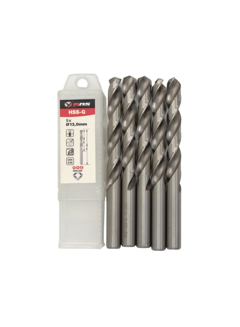 RNS HSS-G TWIST DRILL BIT 13.00 MM RNS, Pack of 5 Ground Flute High Speed Steel Drill Bit for Mild Steel, Alloy Steel and Workshop Use - Image 2