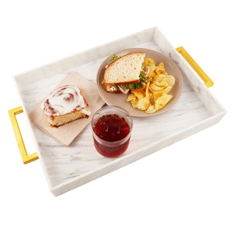 Acrylic Serving Tray with Gold Handles 16 x 12 Decorative Tray for Coffee Table SpillProof Server for Food and Drinks Multipurpose for Kitchen Countertop Vanity Ottoman and Parties Marble