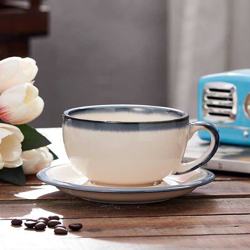 Coffeezone Vintage Design 12 oz Ceramic Latte Art Cappuccino Barista Cup with Saucer (Beige) - Image 4