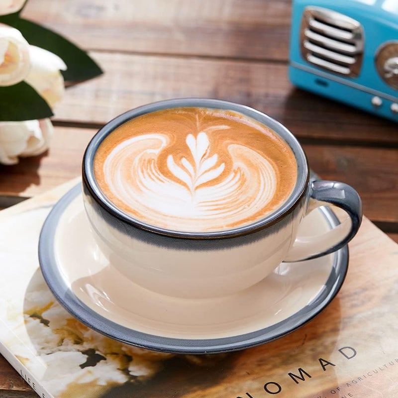 Coffeezone Vintage Design 12 oz Ceramic Latte Art Cappuccino Barista Cup with Saucer (Beige) - Image 2