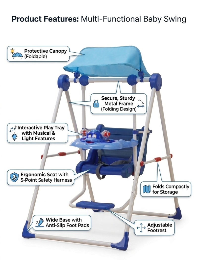 Foldable Baby Swing with Detachable Interactive Toy Tray, Adjustable Footrest, and Safety Harness - Image 2
