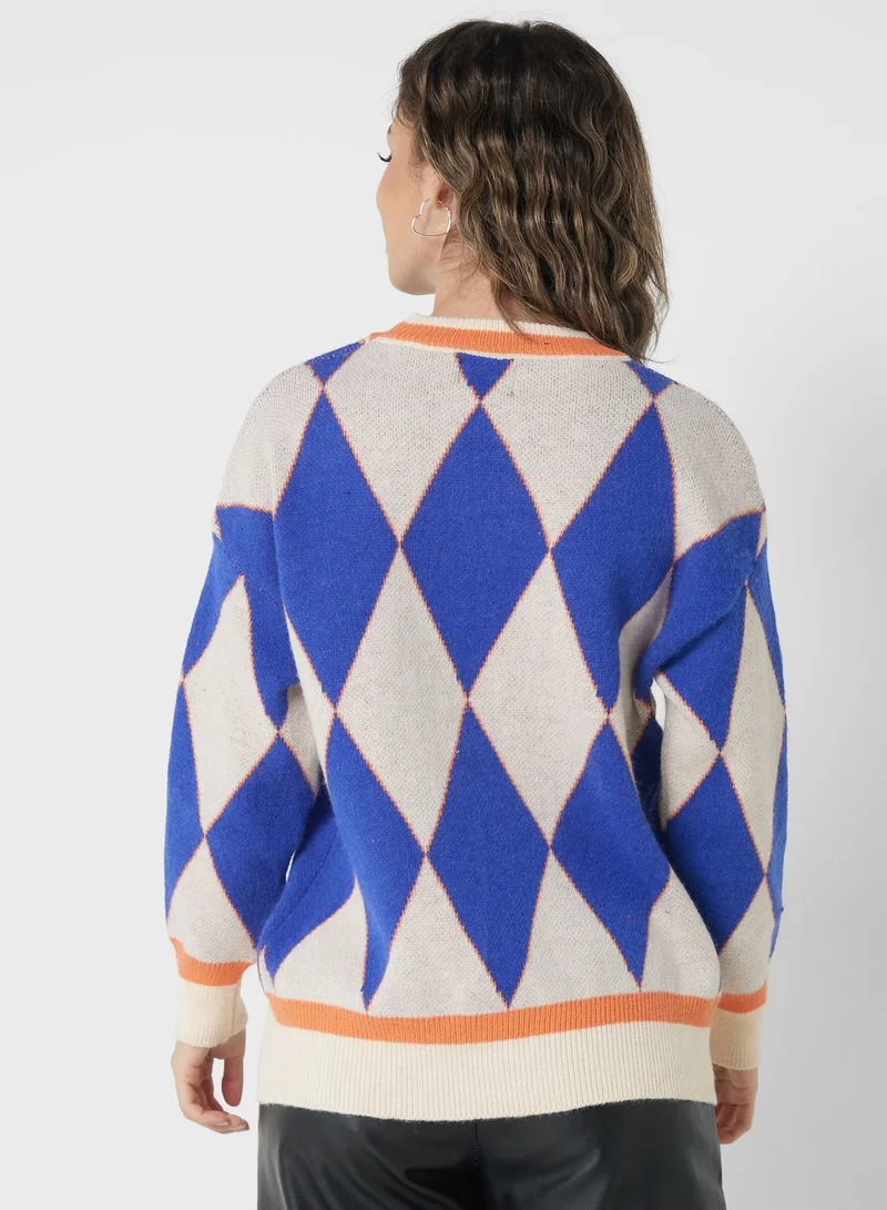 Ginger Diamond Pattern Colorblock Sweater