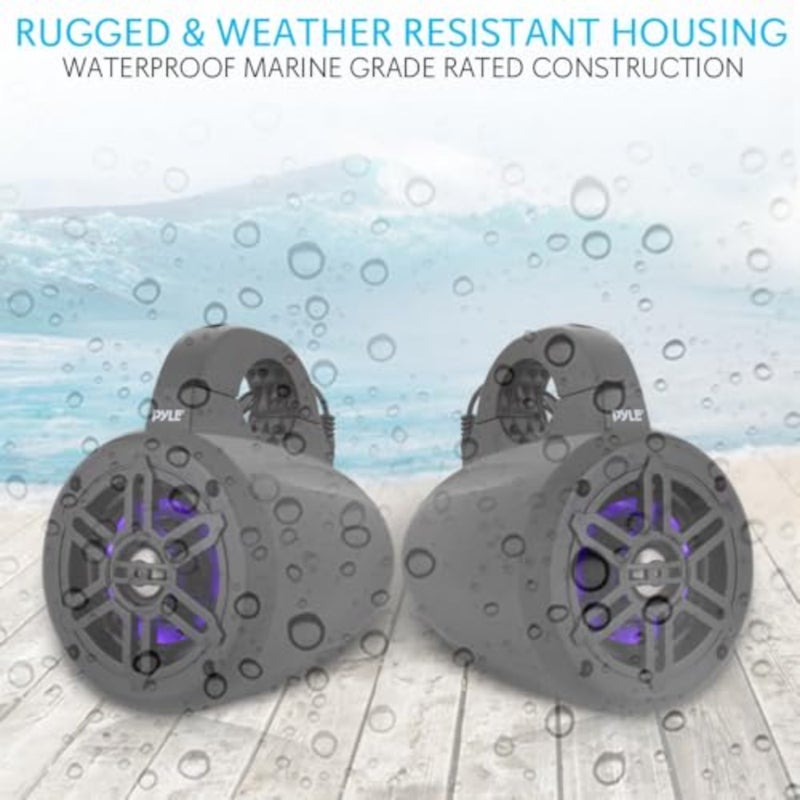Waterproof Marine Wakeboard Tower Speakers - 4 Inch Dual Subwoofer Speaker Set w/ 300 Max Power Output - Boat Audio System w/Built-in LED Lights - Mounting Clamps Included - PLMRLEWB46B Black - Image 3
