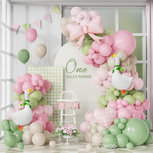 GIHOO One Silly Goose Balloon Arch Kit with Walking Silly Goose and Gingham Foil Balloons for Farm Animal Goose Themed Birthday Baby Shower Decoration - Image 1
