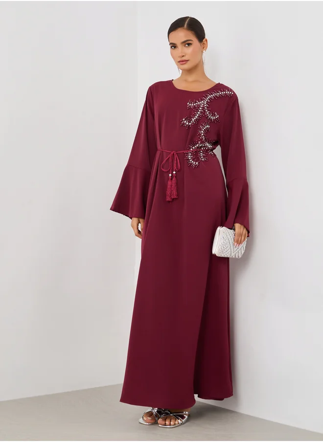 أميرة Amirah Embellished V-Neck A-Line Belted Jalabiya