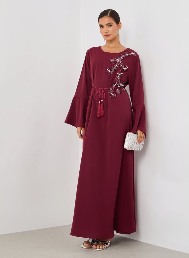 Amirah Amirah Embellished V-Neck A-Line Belted Jalabiya  - Image 2