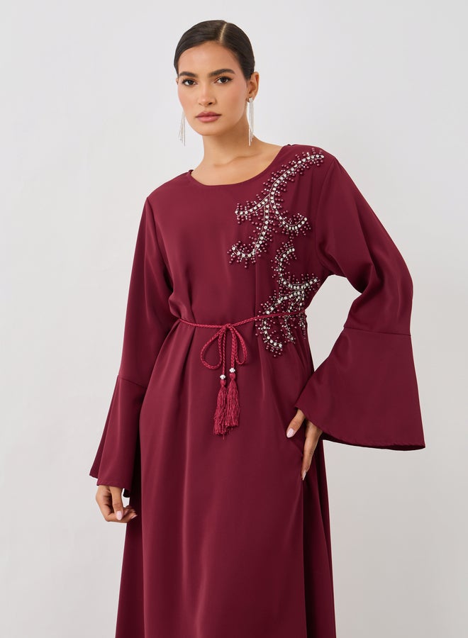 Amirah Amirah Embellished V-Neck A-Line Belted Jalabiya  - Image 3