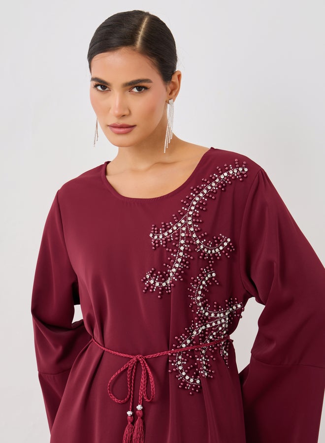 Amirah Amirah Embellished V-Neck A-Line Belted Jalabiya  - Image 4