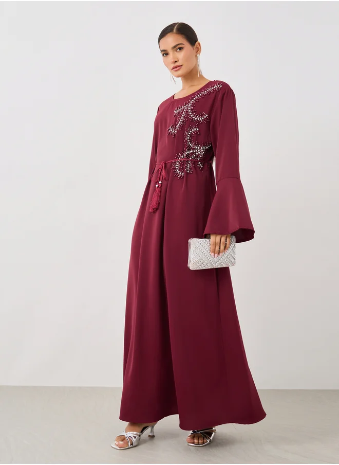 أميرة Amirah Embellished V-Neck A-Line Belted Jalabiya