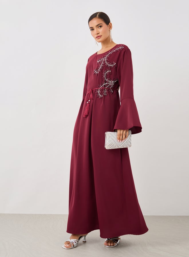 Amirah Amirah Embellished V-Neck A-Line Belted Jalabiya  - Image 1