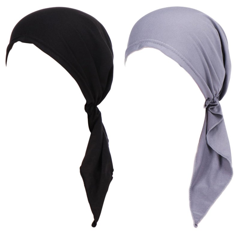 DancMolly Summer Chemo Scarf Lightweight Silky Beanie Ruffle Cap Cancer Headwear for Womens (Black+Grey) - Image 1