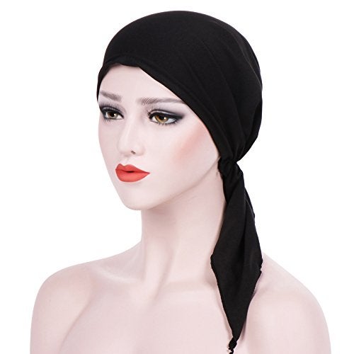 DancMolly Summer Chemo Scarf Lightweight Silky Beanie Ruffle Cap Cancer Headwear for Womens (Black+Grey) - Image 3