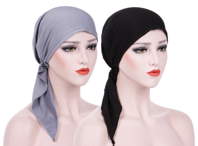DancMolly Summer Chemo Scarf Lightweight Silky Beanie Ruffle Cap Cancer Headwear for Womens (Black+Grey) - Image 2