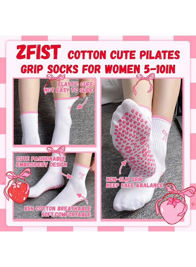 ZFiSt Pilates Socks with Grips for Women,4Pairs Ruffle Yoga Sock Cute Cotton Grippy Socks for Barre Workout Non Slip 5-10in, 4bear, One size - Image 2